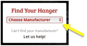 Picture of "Find Your Hanger" drop-down box; Step 1: Select Bike Manufacturer