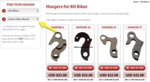 Picture of "Find Your Hanger" drop-down box; Step 2: Select Bike Model
